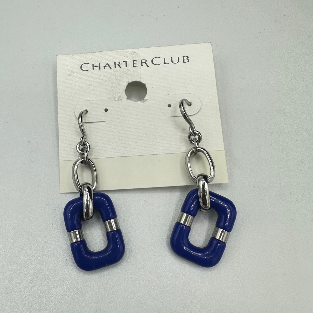 Charter Club Drop Earrings Women OS Blue New Geometric Link Silver Tone